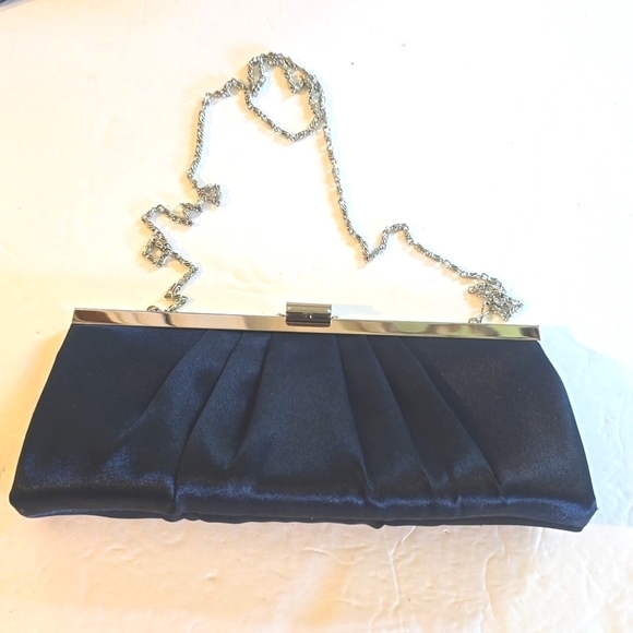 Gunne Sax Navy Blue/ Silver Satin Evening Bag ELEGANT Stunning! Strap Large - Picture 1 of 13